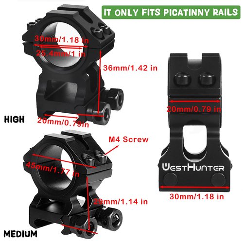 WestHunter Optics Picatinny Scope Rings, 1 Inch 30 mm Tactical Precision Scope Mount | 36 mm Center Height, Black