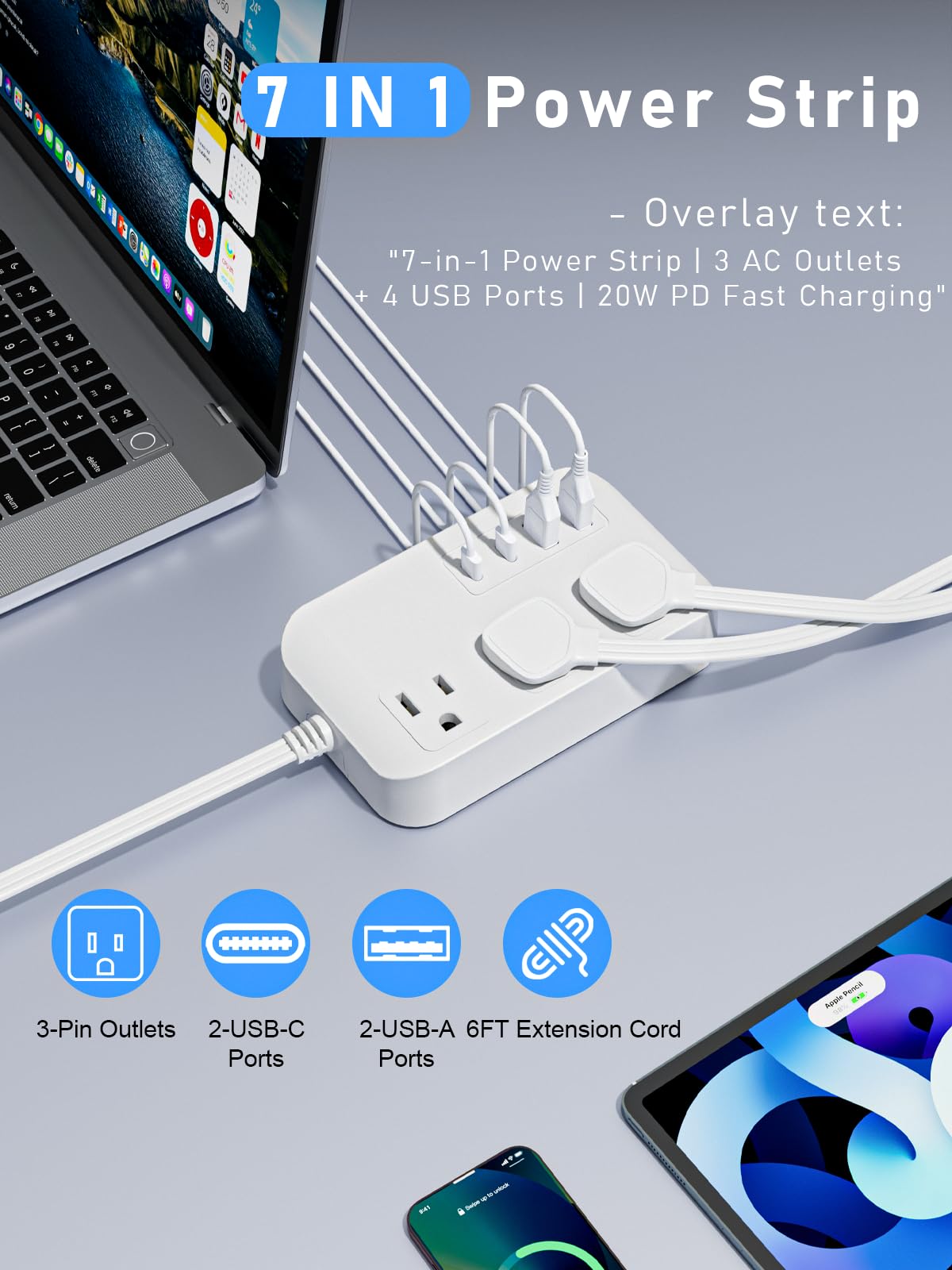 Power Strip-6FT Extension Cord Flat Wall Plug,3 Outlets 2 USB,2 USB-C,PD20W Charging Ports,Electrical Outlet,Flat Plug Power Strip,Outlet Extender,Cruise Ship Essentials for Home Dorm Room Essentials