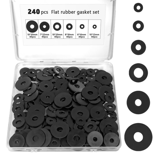 Zefphxs 240 Pcs Rubber Washers Assortment Kit, 12/16/18/20/25/30 mm Black Rubber Gasket, Vibration Absorbing Sealing Washer for Bolts Faucets Screws Garden Hose Shower Head (6 Sizes)