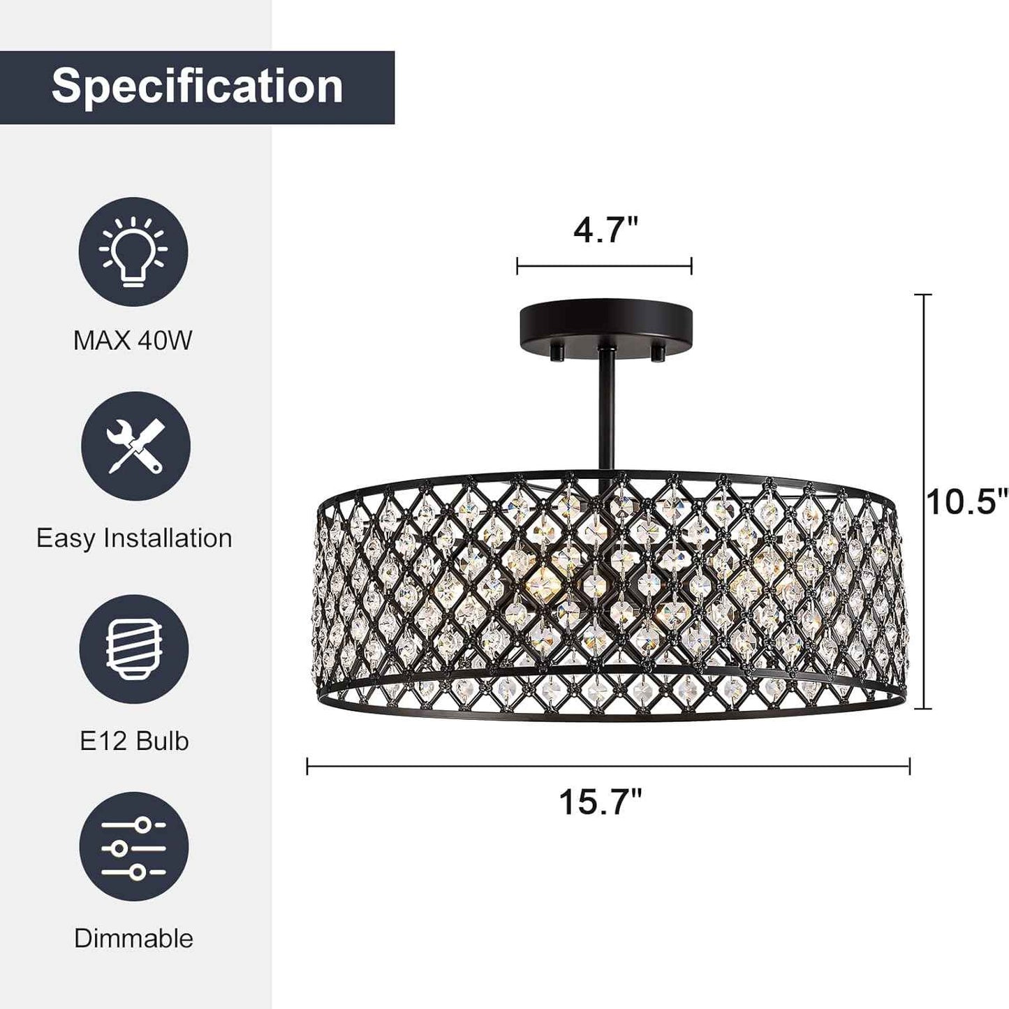 Modern Black Crystal Semi Flush Mount Ceiling Light Fixture - 11.2" Round Chandelier for Dining Room, Hallway, Kitchen & Bedroom