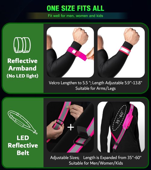 LED Belt Reflective Sash for Walking at Night,High Visibility Adjustable Night Running Safety Gear,Light Up Running Belt Reflective Gear with Phone Bag/Armband for Runners Walkers Men Women (Pink)
