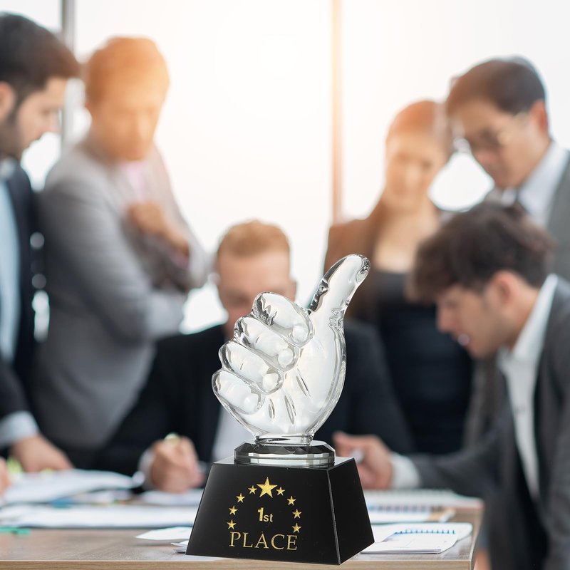 MECCANIXITY Crystal Glass Trophy Thumbs Up, 2ed Place Winner Trophies Award with Box for Desktop Table Decor Tournaments Sports Competitions Paperweight, Clear White Base