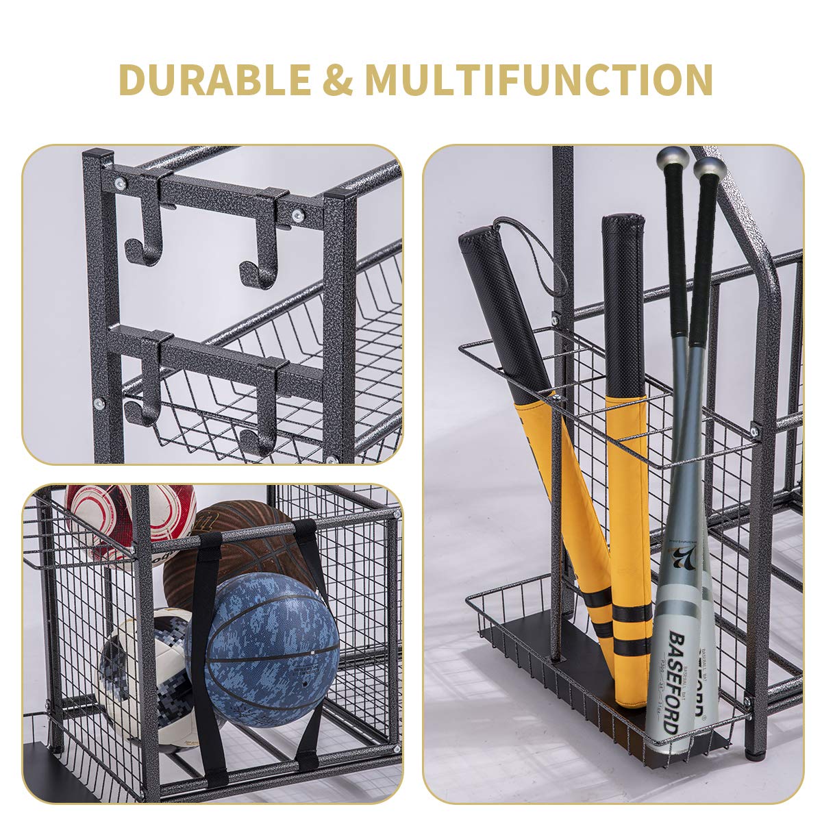 toutnd Garage Sports Equipment Storage Organizer with Baskets and Hooks - Easy to Assemble - Sports Ball Gear Rack Holds Basketballs, Baseball Bats, Footballs, Tennis Rackets and More (Black Rigid)
