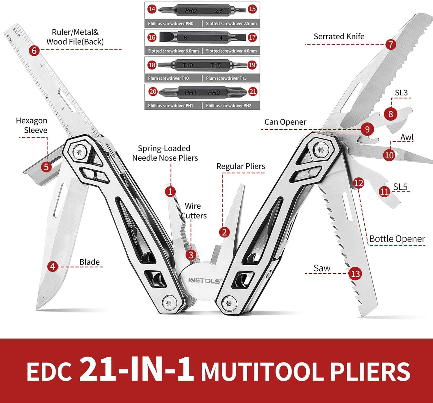 WETOLS 21-in-1 Multitool with Pocket Knife & Pliers - Perfect Christmas Gift for Men & Dads, EDC Survival Gear