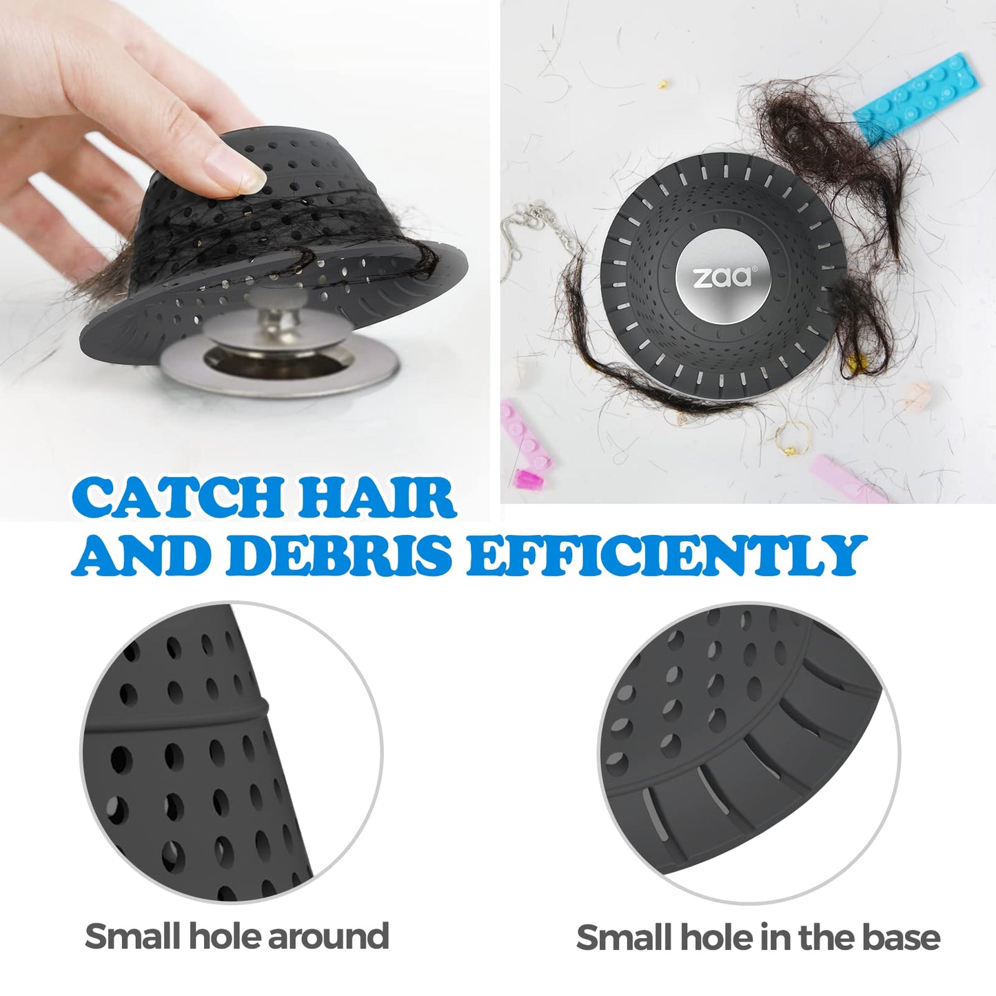 zaa Bathtub Drain Hair Catcher, Premium Silicone Collapsible One Pack Drain Protector for Pop-Up and Regular Drains of Shower, Bathtub, Tub, Bathroom, Sink, Black