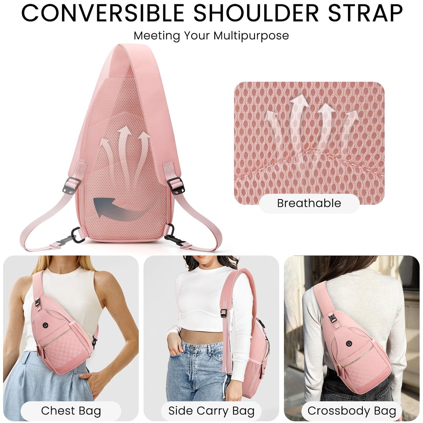 Vankor Large Crossbody Purses Bags for Women Men Travel, Chest Sling Bag Women Casual Cross Body Bag for Woman Sling Backpack PInk