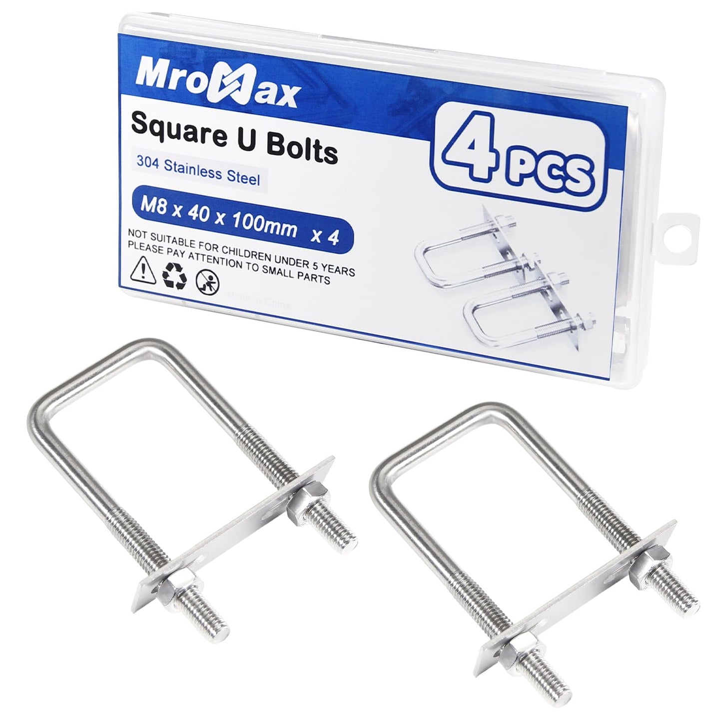 MroMax 4Pcs Square U-Bolts 1-1/2" Inner Width, M8 x 40 x 100mm 304 Stainless Steel U-Bolts with Frame Plates and Nuts, 3.94" Length, for Automobiles Trailer, Ski Boat, Sailboat and Trailer