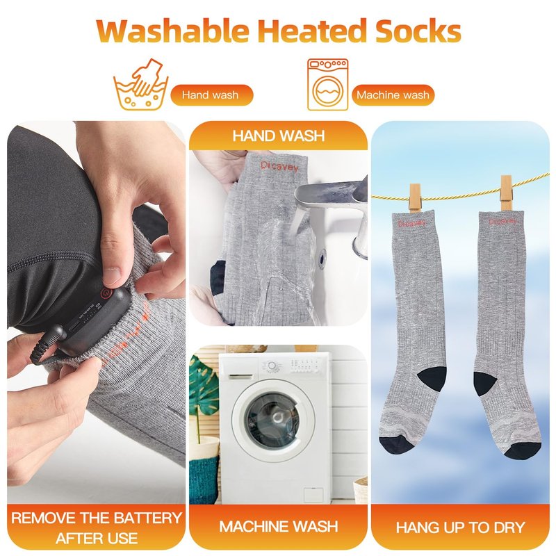 Heated Socks for Men & Women, Rechargeable Electric Thermal Socks with 5000mAh Curved Battery, 4 Heat Levels, Washable, Warm Winter Foot Warmers for Skiing, Hiking, Hunting, Outdoor Work (Black)