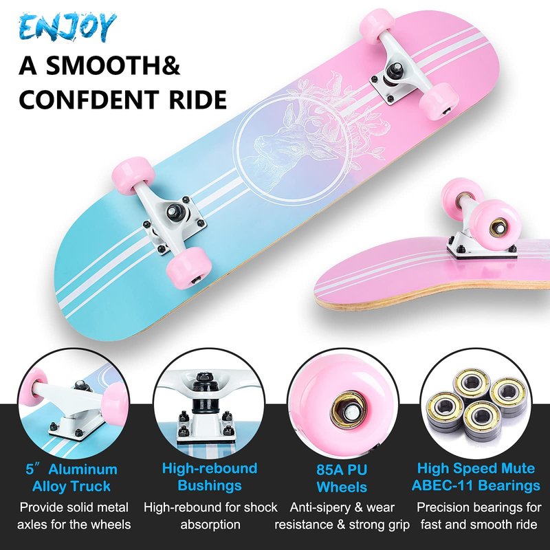 Skateboard,31 x 8 Inch Complete Skateboard, 8-Layer Maple Wood Deck Double Kick Standard Skateboards for Kids, Teens, Adult, Beginner (Pink)