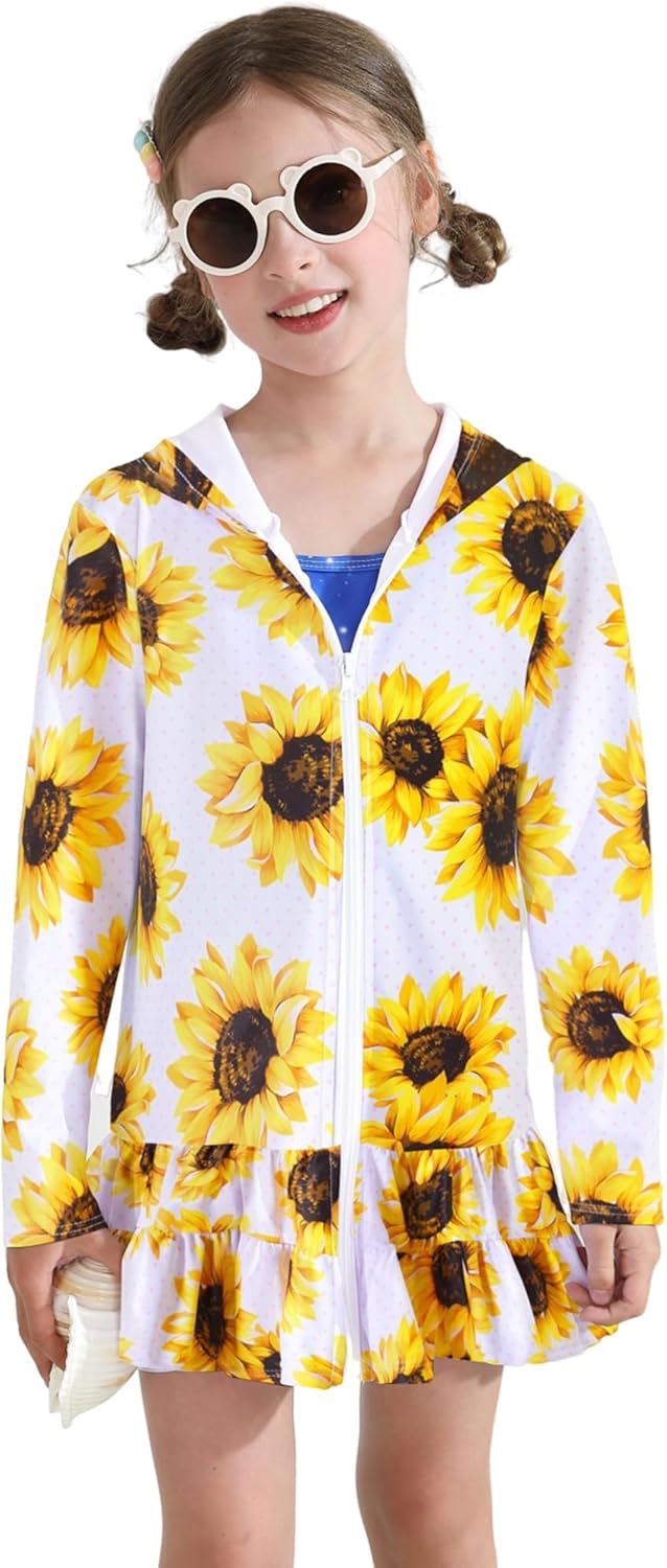 Skiennix Girls Swim Cover-Up Dress - Long Sleeve Hooded Ruffle Bathing Suit for Kids 4-10Y