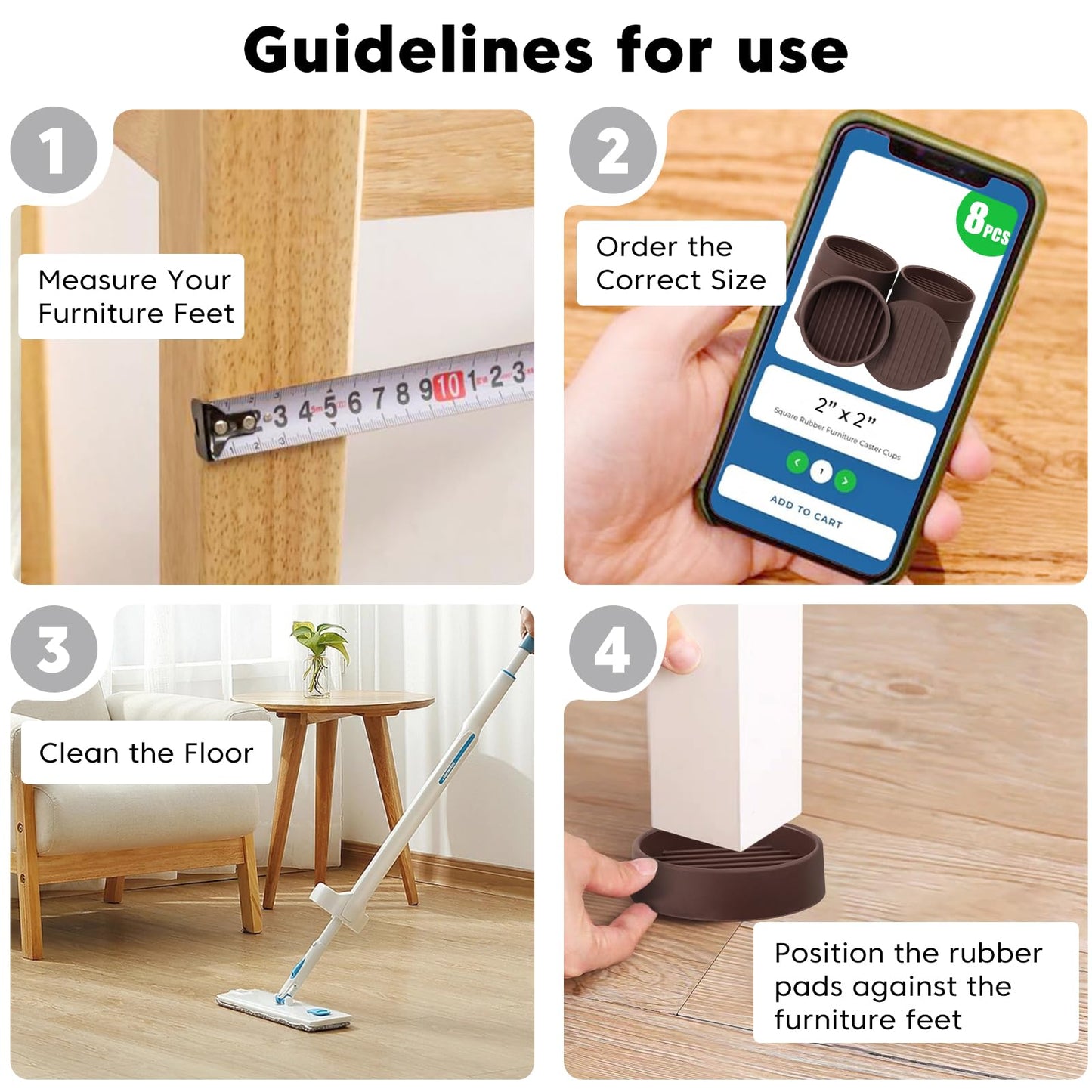 Rubber Non-Slip Furniture Pads Furniture Casters Cup Floor Protector for Bed Sofa Table and Chair Stopper (Pack of 8, 2 * 2 inches,Round, Brown)