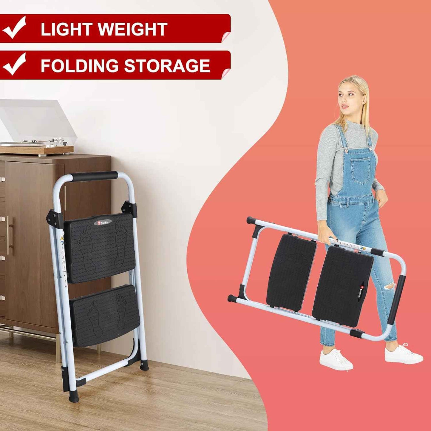 Portable 3-Step Folding Ladder - Sturdy Steel Step Stool with Anti-Slip Pedal & Handgrip, 500lbs Capacity for Home & Office