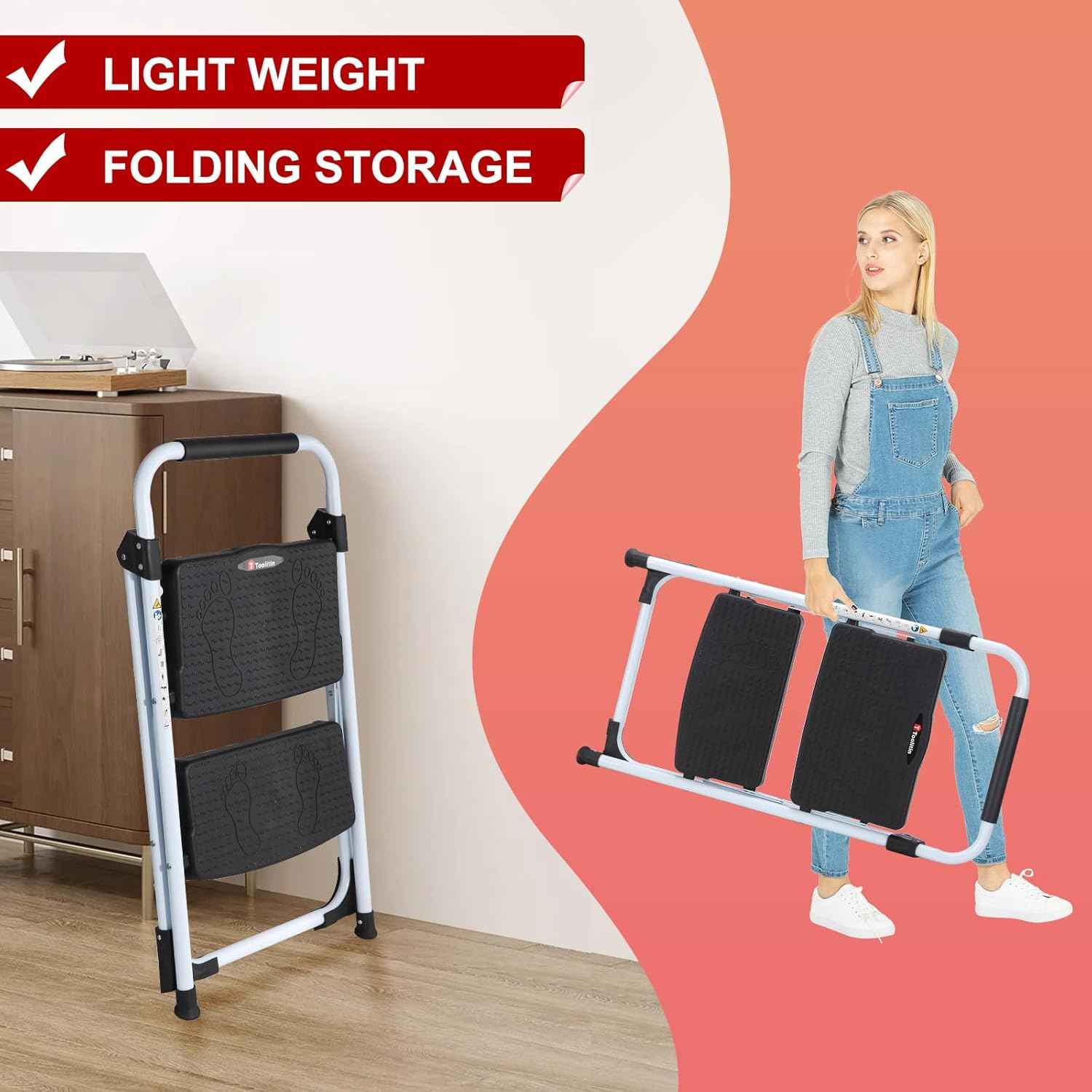 Portable 3-Step Folding Ladder - Sturdy Steel Step Stool with Anti-Slip Pedal & Handgrip, 500lbs Capacity for Home & Office