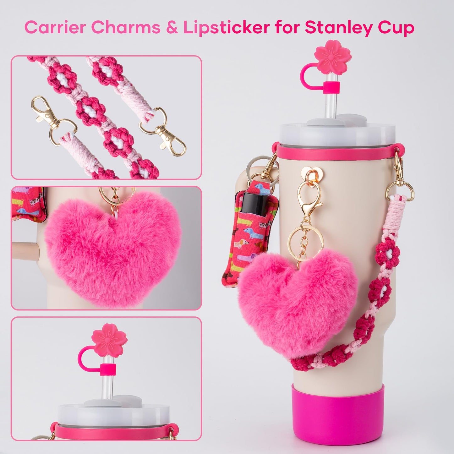 Bufilea Stanley Cup AccessoriesI Bottle Handle Carrier Strap,Silicone Cup Boot, Lipstick Holder, Straw Topper & Spill Stoppers, Cute Decorative Charms, Accessories for Stanley Cup 40oz/30oz Decor