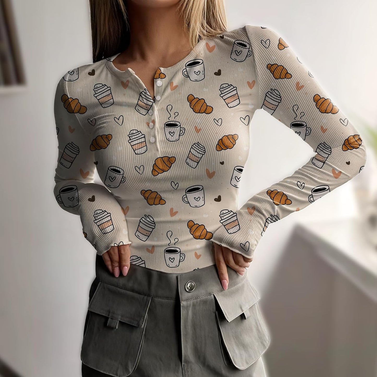 Skiennix Long Sleeve Henley Shirts for Women - Trendy Y2K Print Slim Fit Ribbed Knit Tees