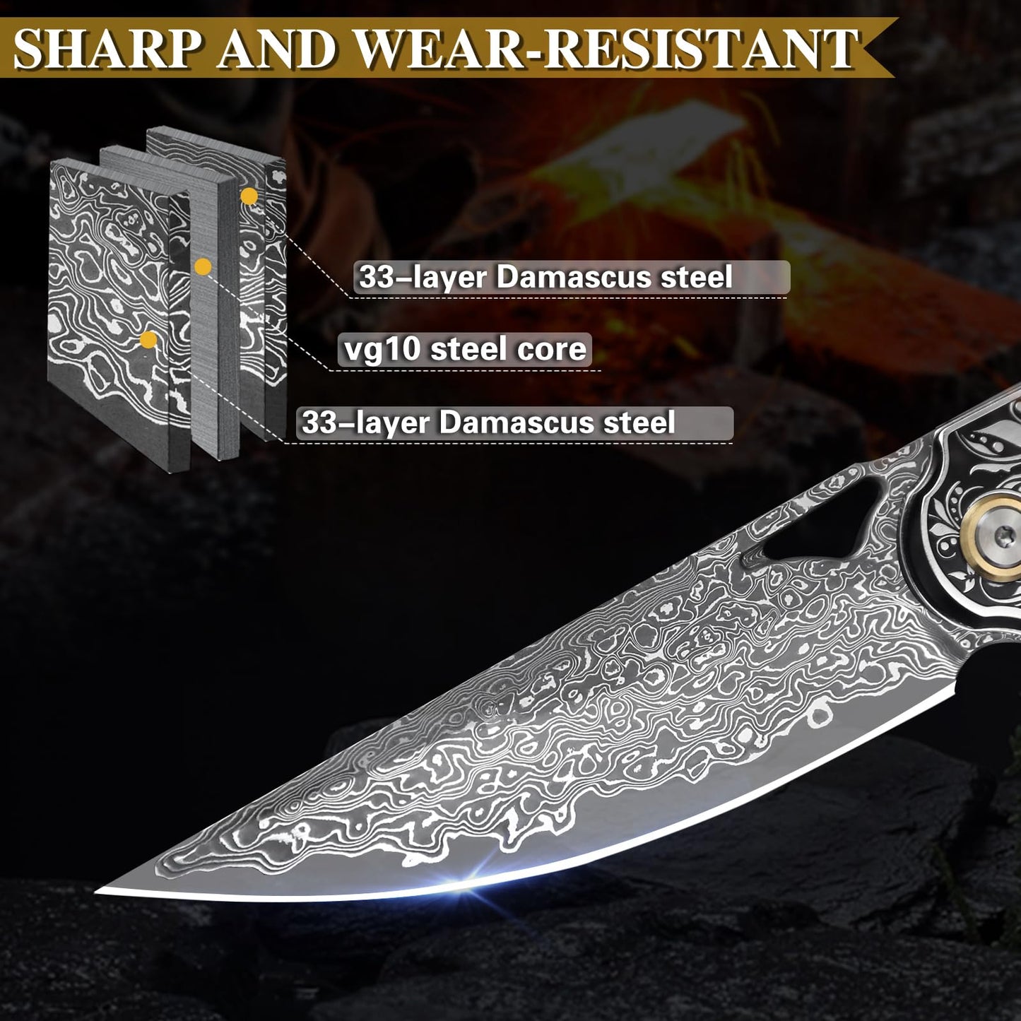 Handmade Men's and Women's EDC Pocket Knife，Damascus Steel Folding Knife，Features a leather sheath and pocket clip.Non-slip wooden handle，For mountaineering trips, outdoor adventures, and jungle camping