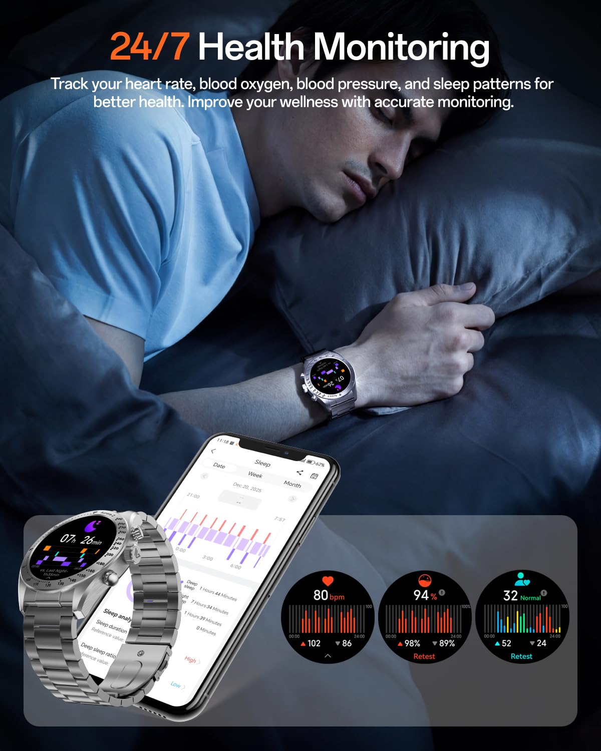 Weofly Aurora 2 Smart Watch for Men Answer/Make Call, 1.32" AMOLED HD Screen Mens Luxury Watch, 350mAh Smartwatch Heart Rate Blood Oxygen Sleep Monitor Pedometer, 3 Strap Connection Adapters (Silver)