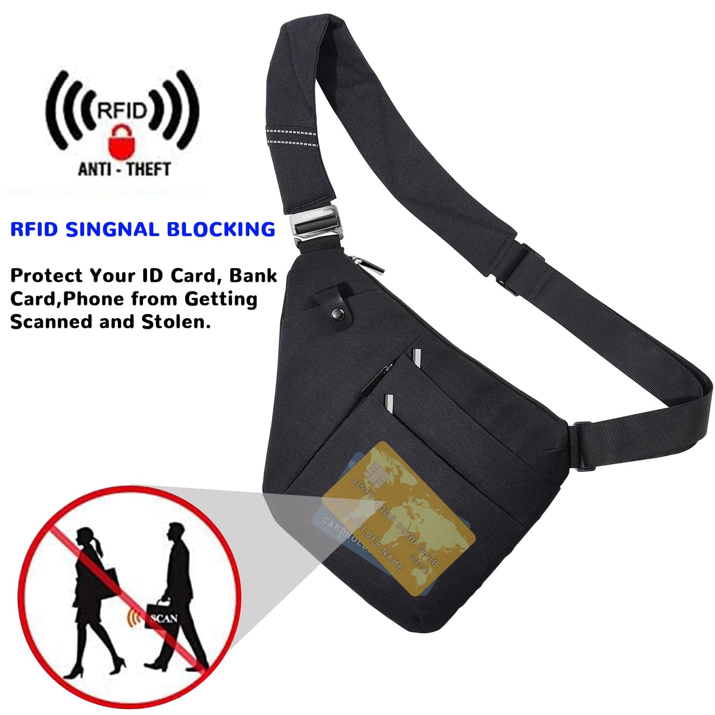 VADOO Anti-theft Sling Bag, RFID Blocking Crossbody Bag for Women and Men Lightweight Shoulder Chest for Travel Sport, Black Large