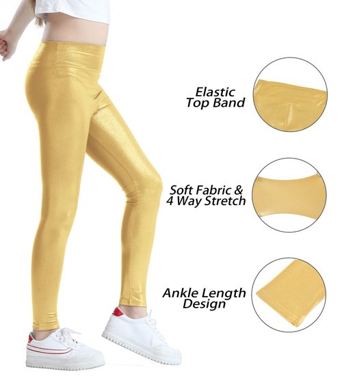 Jinhiteam Girls Metallic Leggings Size 11-12 Years Old High Waisted Dance Pants Kids Stretchy Active Tights
