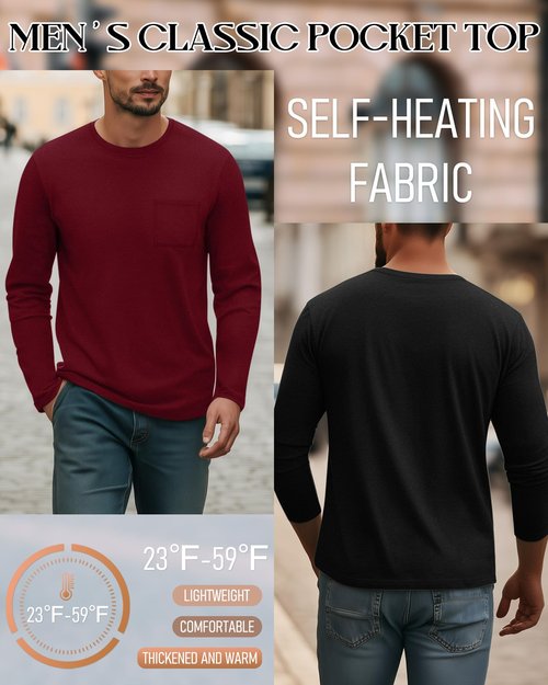 Evervibe 3 Pack Men's Big and Tall Long Sleeve Shirts Thermal Pocket T-Shirt Crew Neck Fleece Top Slim Fit Casual Tee(Black, Navy Blue, Burgundy,3X-Large)