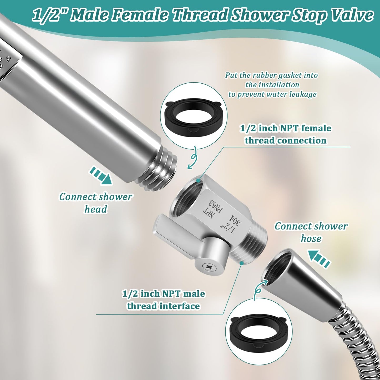 Shower Head Shut Off Valve 304 Stainless Steel Mini Ball Valve(1/2" Female X Male) NPT Thread Water Flow Control，RV Shower Head with Hose Flow Restrictor