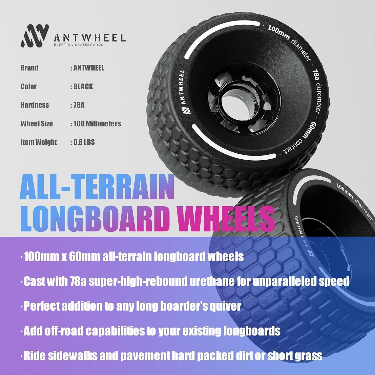 ANTWHEEL All-Terrain Longboard Wheels 100mm Electric Skateboard Wheels 78A high Rebound Urethane Wheels (All-Terrain Wheels)