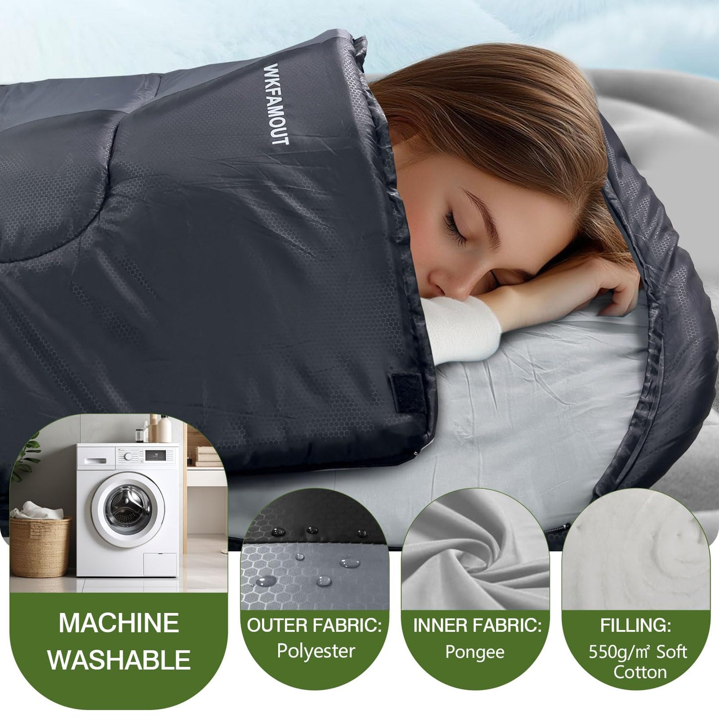 WKFAMOUT 0 Degree Sleeping Bags Waterproof for Adults, Cold Weather Machine Washable Sleeping Bag with Compression Sack for 3-4 Season Camping Outdoor