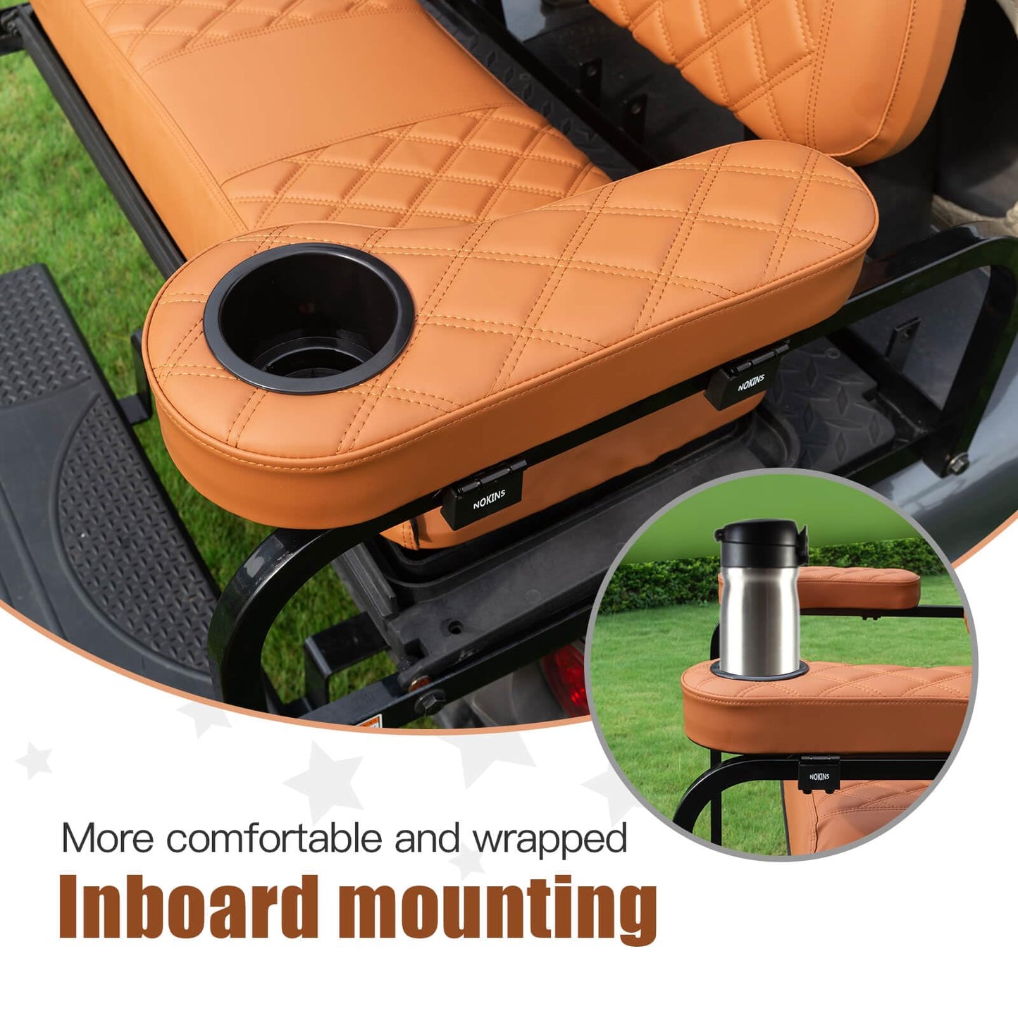 NOKINS Golf Cart Diamond Flip Armrest with Cup Holder, No Drilling Required, Golf Cart Folding Hinged Armrest, Inward Mount, for Club Car EzGo Yamaha Back Seat Kit (Diamond Brown)
