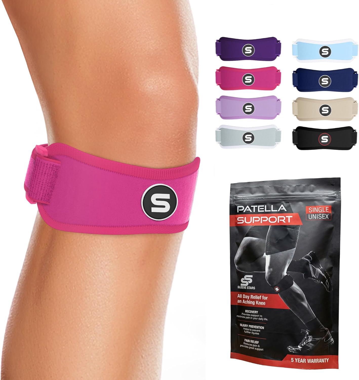 Sleeve Stars Patellar Tendon Support Strap - Effective Osgood Schlatter Knee Brace for Adults & Kids | Adjustable 12"-24" Hot Pink