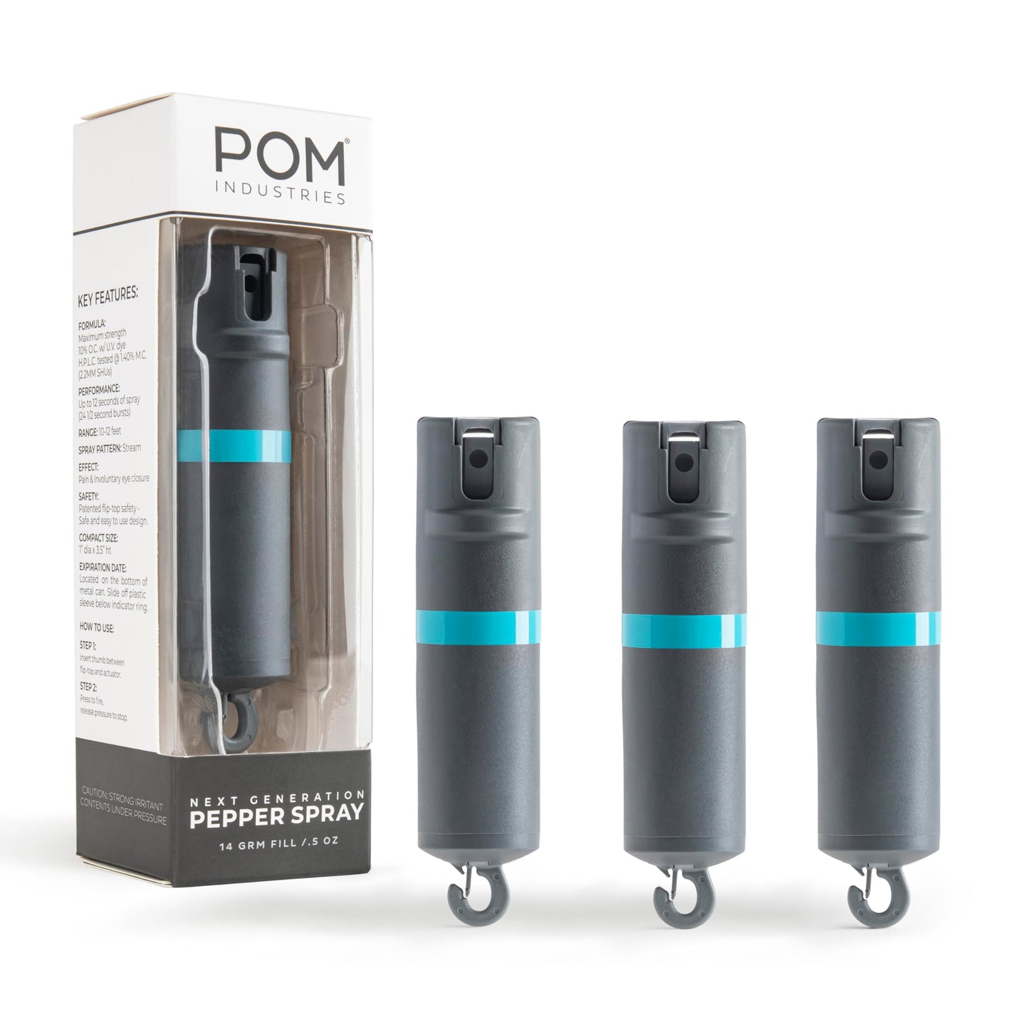 POM Pepper Spray Flip Top Snap Hook - Maximum Strength OC Spray Self Defense - Tactical Compact & Safe Design - Quick Key Release - 25 Bursts & 10 ft Range - (Group) (Black Pink, One Pack)