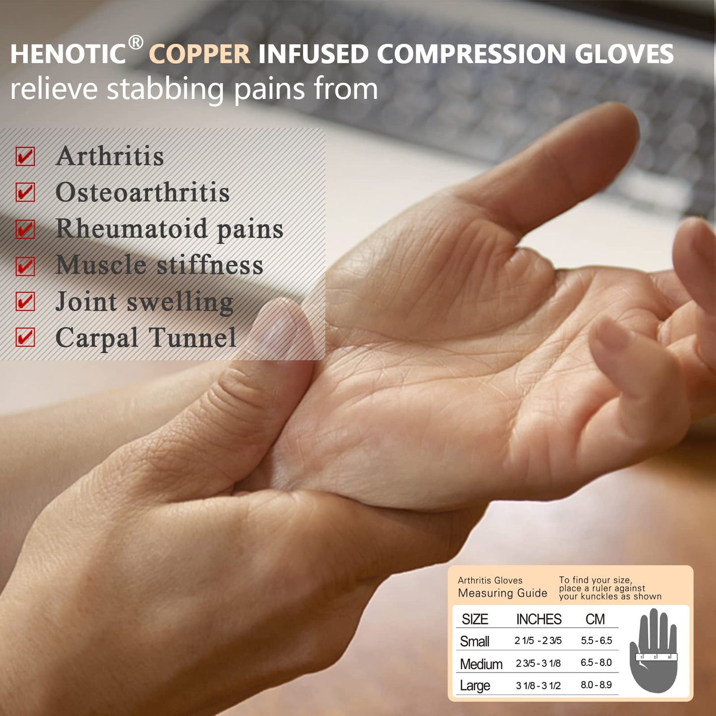 HENOTIC 2 Pairs Copper Arthritis Gloves for Women Men, Fingerless Breathable & Moisture Wicking Arthritis Compression Gloves for Relieving Carpal Tunnel Aches, Rheumatoid Pains, Joint Swell