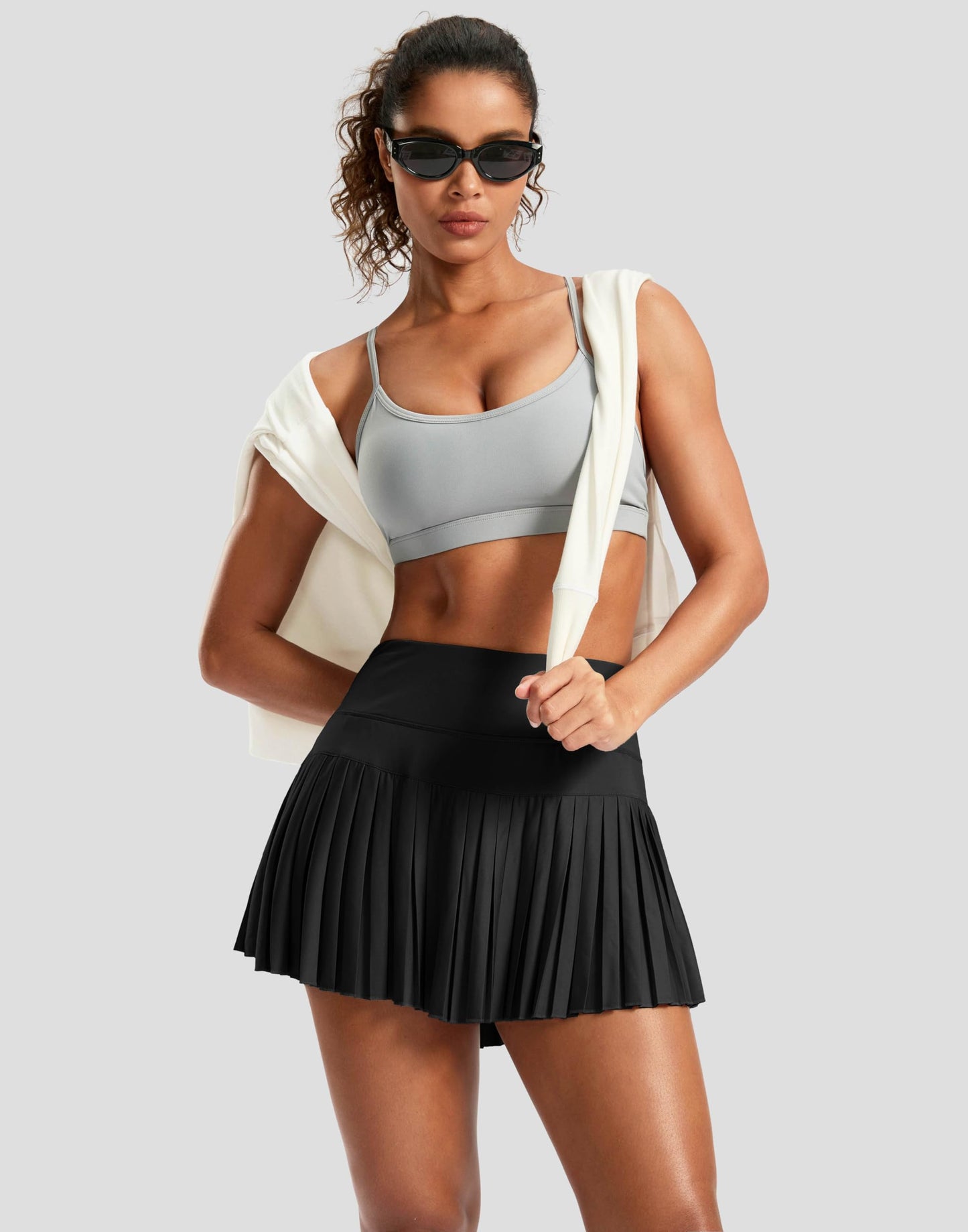 SANTINY Pleated Tennis Skirt for Women with Pockets High Waisted Athletic Golf Skorts with Shorts for Workout Pickleball (Black_M)