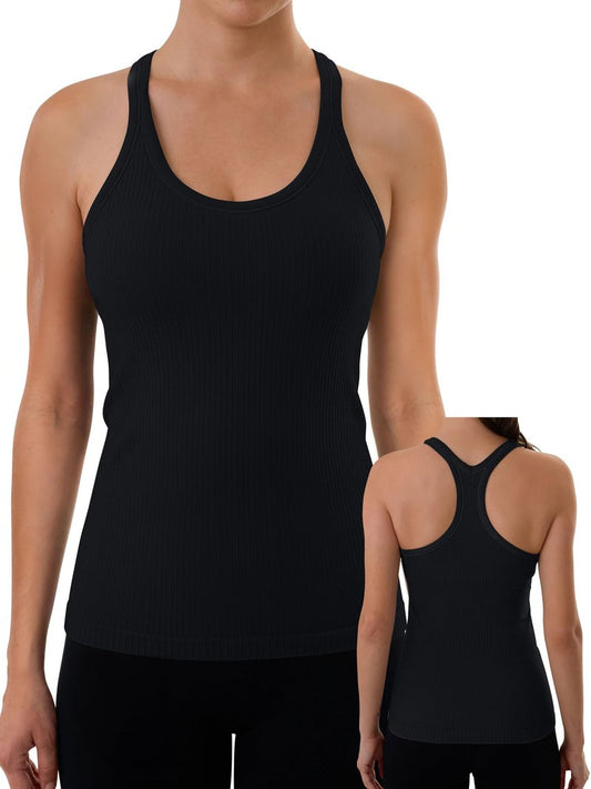 3rd hill Ribbed Workout Tank Tops for Women with Built in Bra Racerback Yoga Sports Bras Fitness Running Shirts Black M