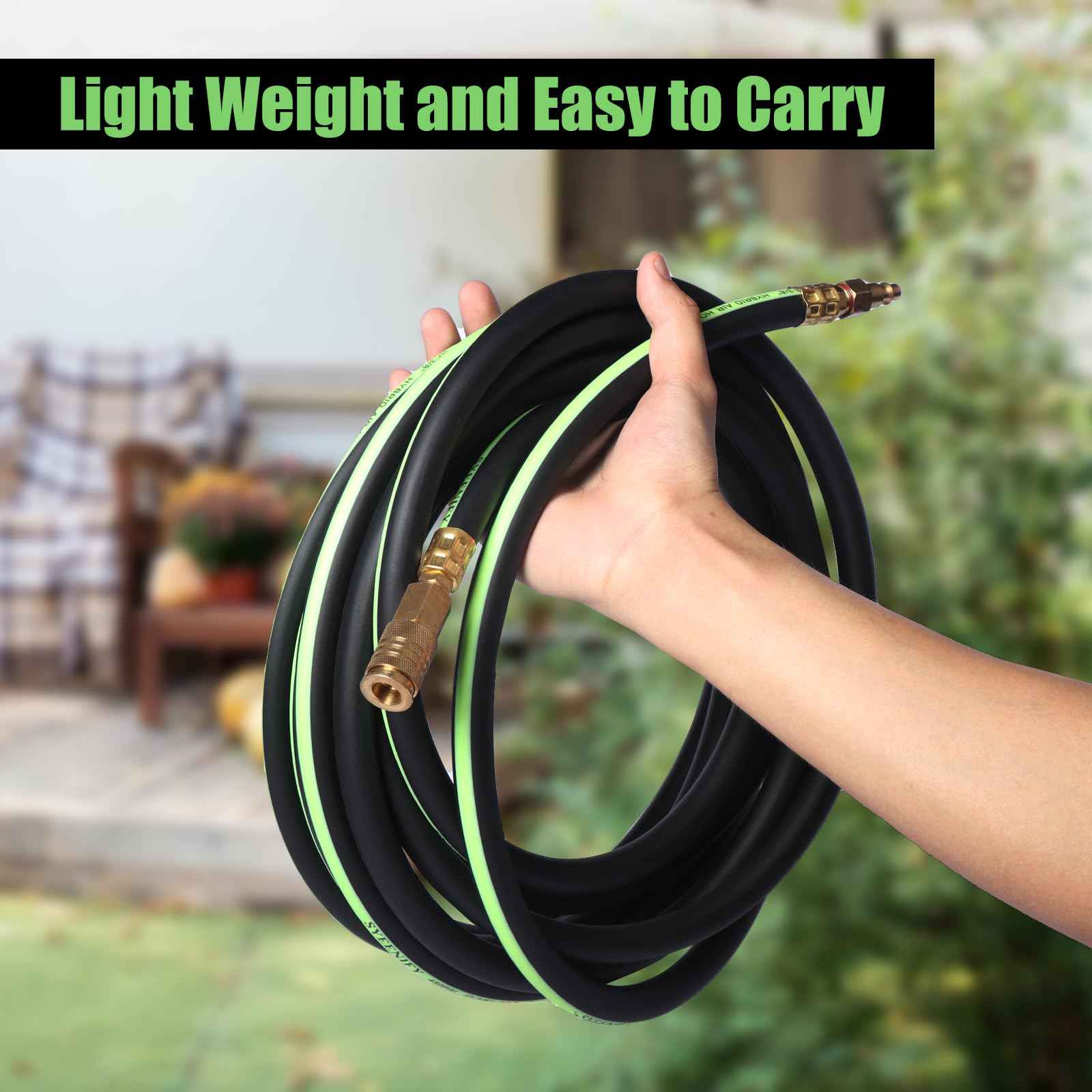SYEENIFY Air Hose 3/8 in x 10 ft, Thickened 5 Layers Heavy Duty, Kink Resistant, 450PSI Hybrid Air Compressor Hose All-Weather Flexibility with 1/4" Industrial High Flow Quick Brass Coupler and Plug