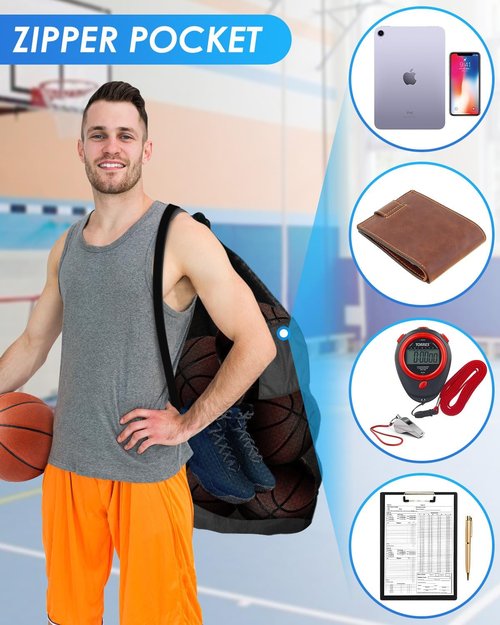BROTOU Heavy Duty Soccer Ball Net Bag - Extra Large 100L Capacity for 10-12 Balls | Drawstring with Zipper Pocket