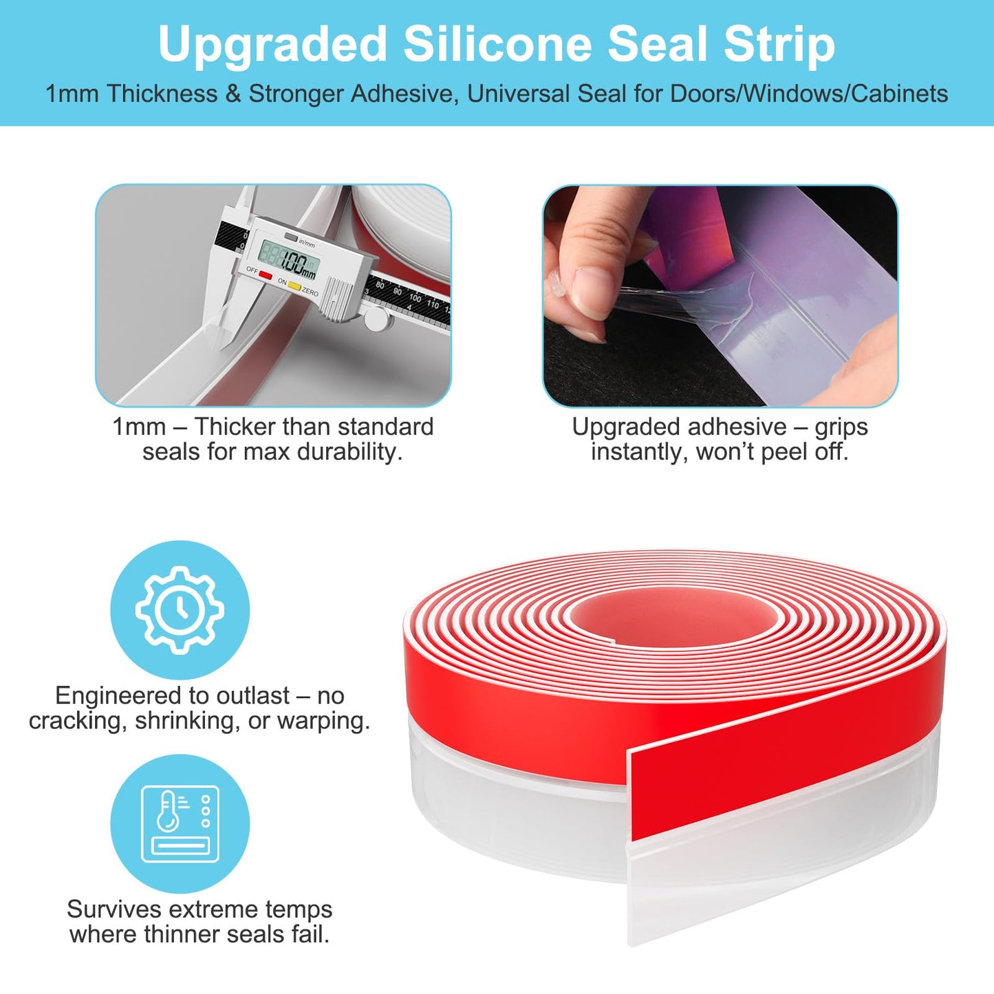 Elvone Heavy-Duty 20 ft x 1 in Weather Stripping, Door Draft Stopper Silicone Seal Strip for House and Glass Shower Doors for Collision and Side Gaps of Door and Windows, Clear