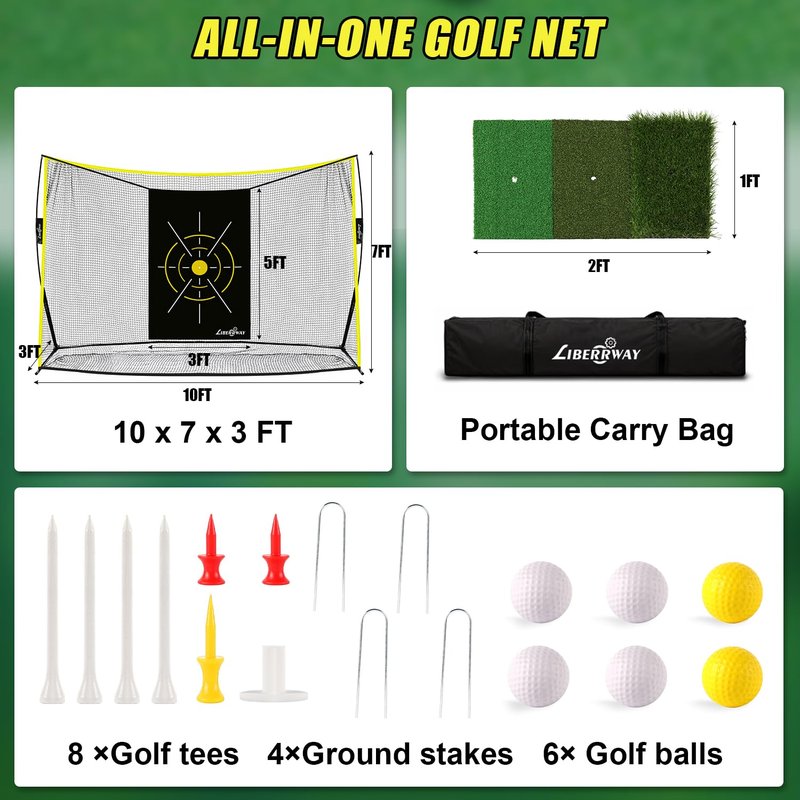 LIBERRWAY Golf Practice Net, 10x7x3ft Heavy Duty Driving Range Net with Tri-Turf Mat, 6 Golf Balls, 8 Tees & Carry Bag, Gifts for Golfers