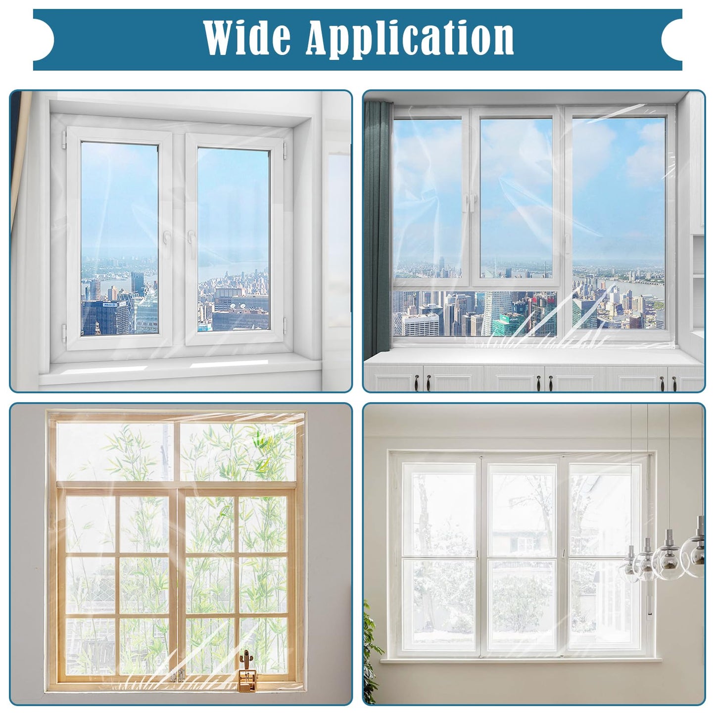 Window Insulation Kit, 63 × 394 Inch Plastic Window Coverings for Winter, Thicken Window Shrink Film Insulator Kit Windows Waterproof Winterizing with 5 Double-Sided Tape for 10 Pcs 3 x 5 Ft Windows