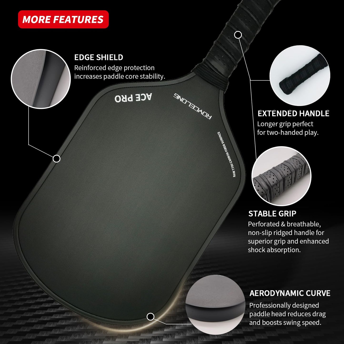 ROYCELONG Pickleball Paddles T700 Carbon Fiber Pickleball Rackets Lightweight Training Racquet Set for Beginners to Advanced Players USAPA Compliant Quiet 16mm Core Portable Bag (All Black, 1 Pack)