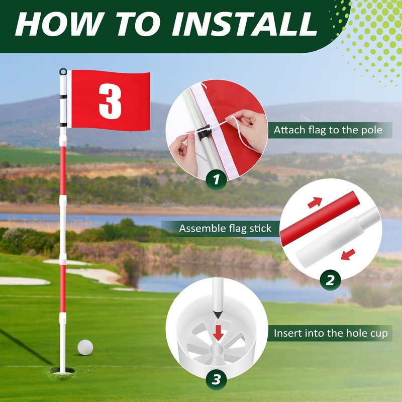 Threehoney Golf Flagstick 6ft, Golf Pin Flag Hole Cup Set Putting Green Flags and Poles Numbered Golf Flags for Driving Range Backyard, Portable 5 Section Design for Golf Practice, Gift Idea(3 Pack)