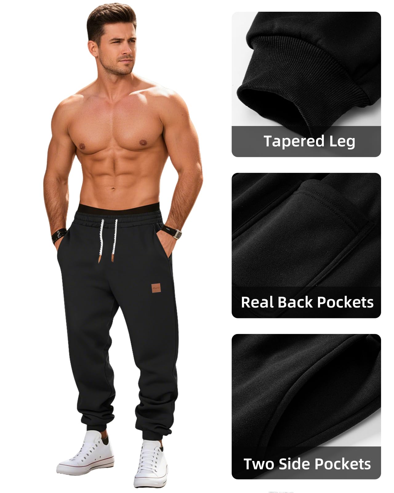 PIDOGYM Men's Fleece Sweatpants Heavyweight Elastic Waist Tapered Joggers Workout Running with Pockets Black