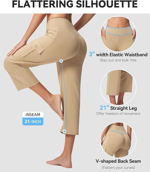 Casei Women's Yoga Capris - High Waisted Cargo Pants with Pockets | Casual Workout & Travel, 21" Length