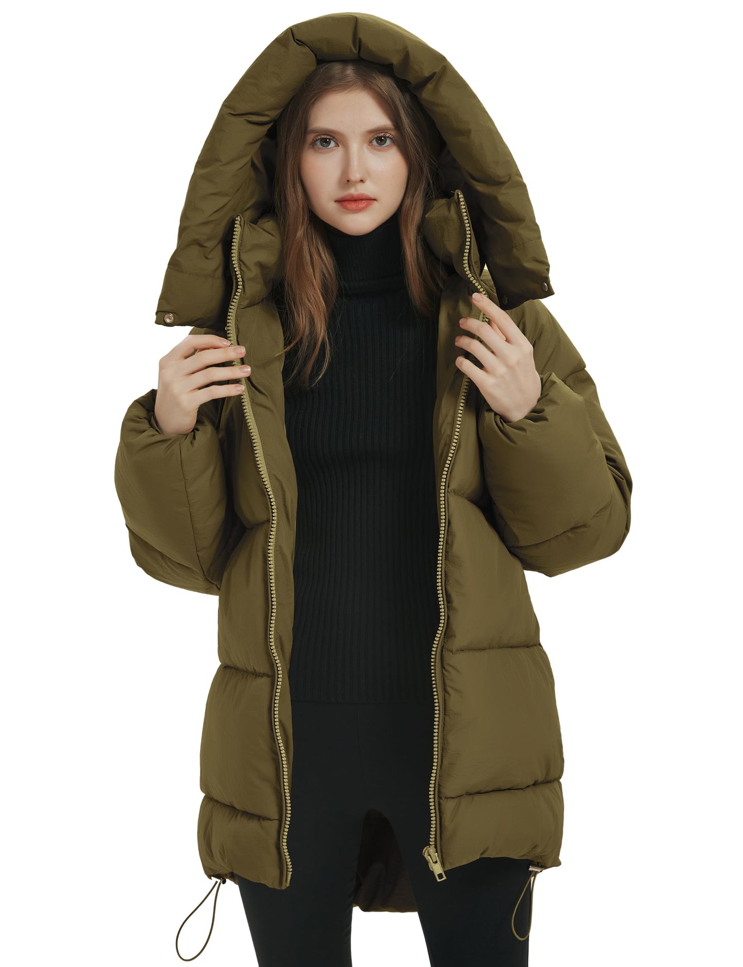 Flygo Womens Hooded Quilted Puffer Jacket Mid-Length Padded Warm Winter Heavyweight Coat Outerwear(ArmyGreen-Medium)