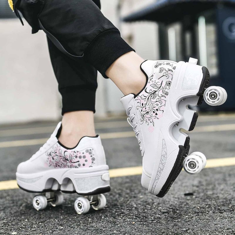 Roller Skate Shoes for Men Women, 2-in-1 Double-Row Deform Wheel Roller Skates, Boy Girl Sneakers with Removable Wheels, Indoor Outdoor Skates Shoes (White Pink, US 5.5)