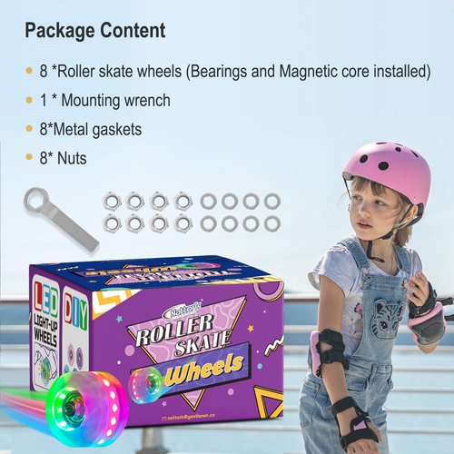 Nattork 8 Pack 82A Light up Roller Skate Wheels 54 * 32mm with Bearings Installed Luminous Quad Light Up Wheels Skating Accessories For Double Row Skates Outdoor And Indoor Use (Black)