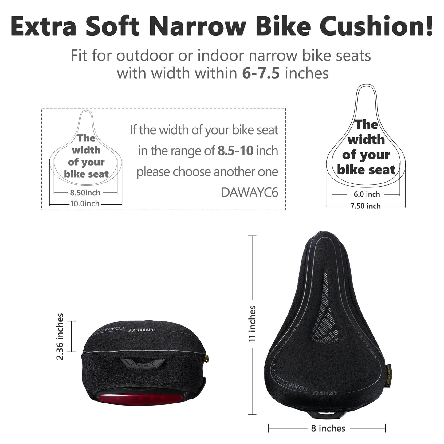 DAWAY C7 Comfortable Narrow Bike Seat Cover - Soft Memory Foam Padded Exercise Bicycle Seat Cushion for Men Women Kids, Fits for Peloton, Stationary, Mountain Road Bike Saddle, 11 x 8 Inches