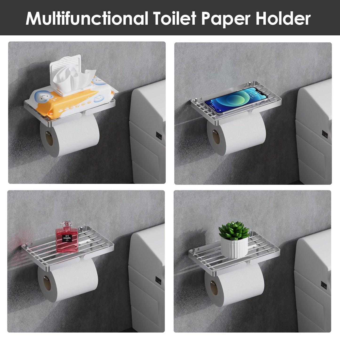 AIDILI Toilet Paper Holder with Phone Shelf, Self Adhesive Toilet Tissue Roll Holder Without Drilling, Rustproof Stainless Steel Tissue Paper Holder for Bathroom Hardware Accessories