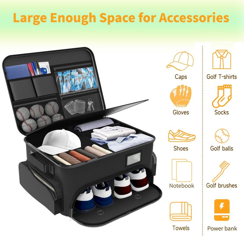 WALMANN Golf Trunk Organizer – Large 2-Layer Storage Bag with Ventilated Shoe Compartments for 2 Pairs (Up to Size 11), Waterproof Foldable Golf Gear Organizer
