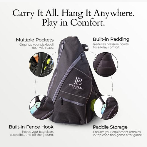 Pik’le’Ball Sports Pickleball Sling Bag – Stylish, Waterproof, Lightweight, & Spacious Crossbody Sling Bag for Men and Women with Pickleball Paddles Pocket, Ball Holder, Adjustable Strap – Grey