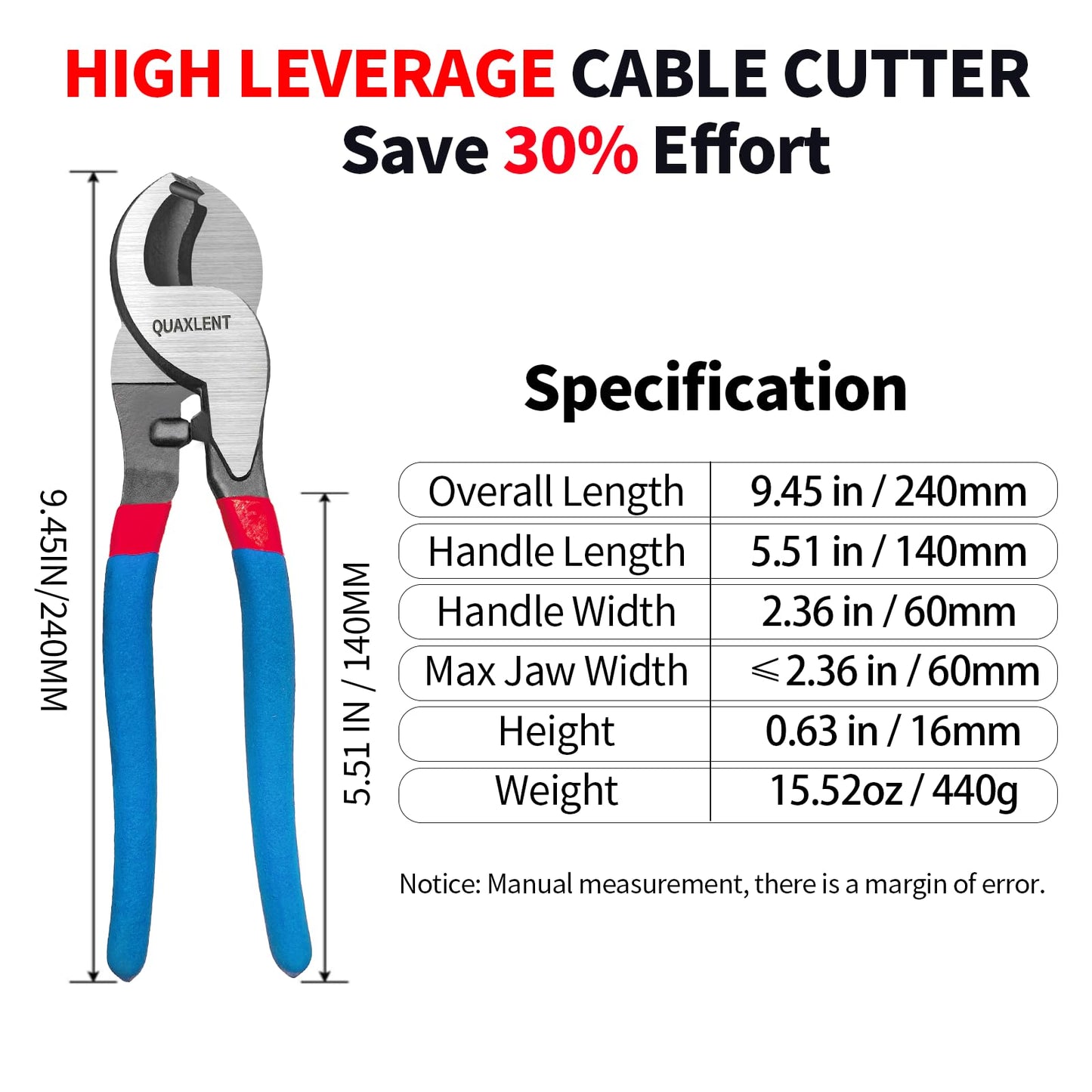 QUAXLENT 10 Inch Large Cable Cutter Heavy Duty High Leverage Big Wire Cutting Plier Tool for 4/0 Aluminum 2/0 Soft Copper and 100PR 24AWG Comm Cable, Blue